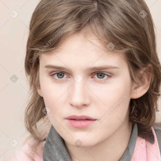 Neutral white young-adult female with medium  brown hair and grey eyes