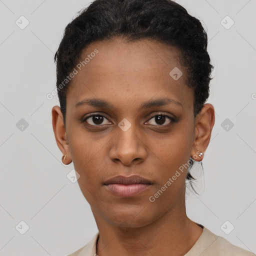 Neutral black young-adult female with short  black hair and brown eyes