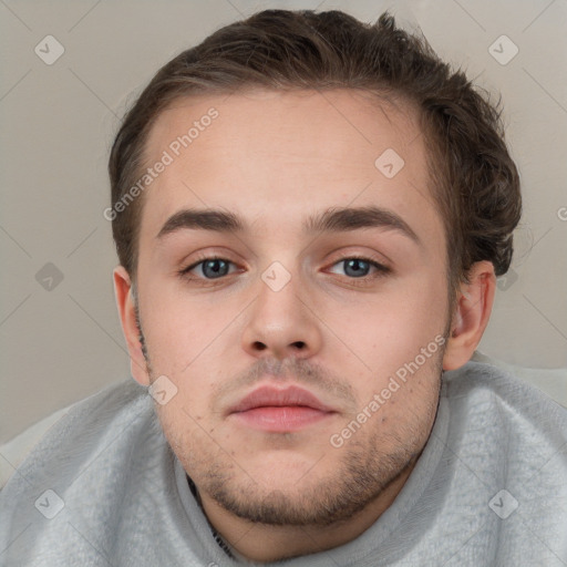 Neutral white young-adult male with short  brown hair and brown eyes