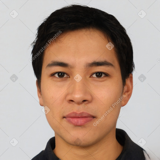 Neutral asian young-adult male with short  black hair and brown eyes