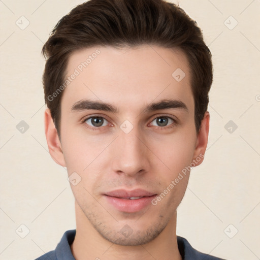 Neutral white young-adult male with short  brown hair and brown eyes