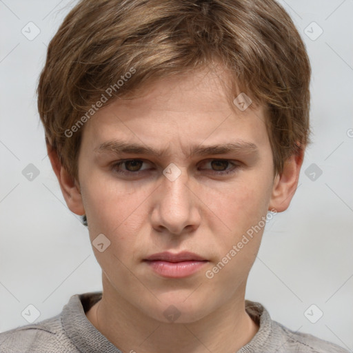 Neutral white young-adult male with short  brown hair and grey eyes