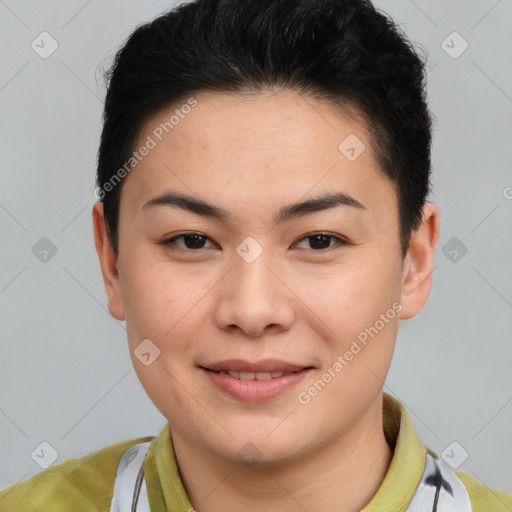 Joyful asian young-adult female with short  brown hair and brown eyes