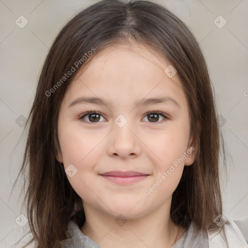 Joyful white child female with medium  brown hair and brown eyes