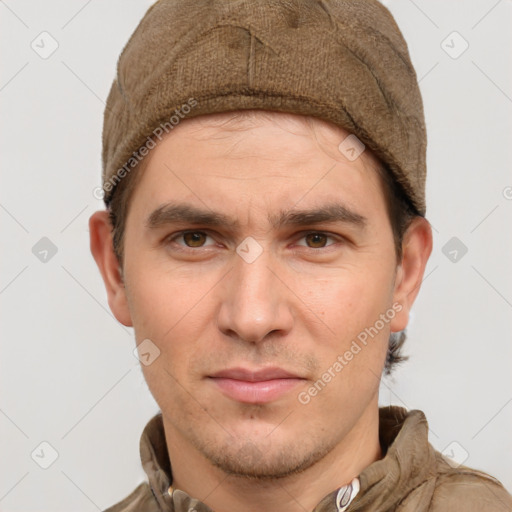 Neutral white young-adult male with short  brown hair and grey eyes