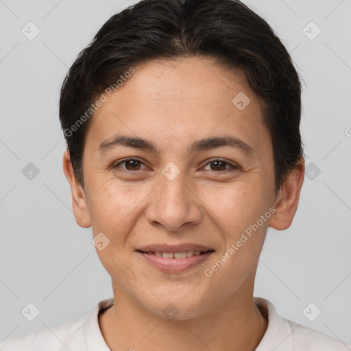 Joyful white young-adult female with short  brown hair and brown eyes