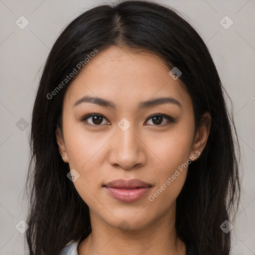 Joyful latino young-adult female with long  brown hair and brown eyes