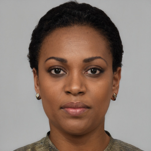 Neutral black young-adult female with short  black hair and brown eyes