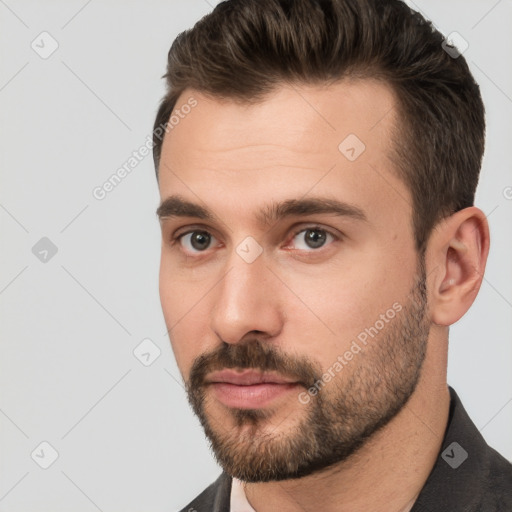 Neutral white young-adult male with short  brown hair and brown eyes