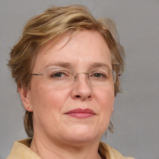 Joyful white middle-aged female with medium  brown hair and blue eyes