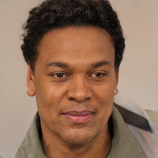 Joyful black adult male with short  brown hair and brown eyes