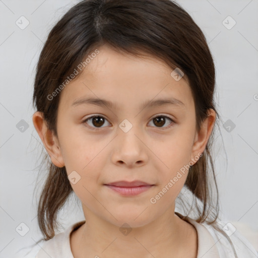 Joyful white child female with medium  brown hair and brown eyes