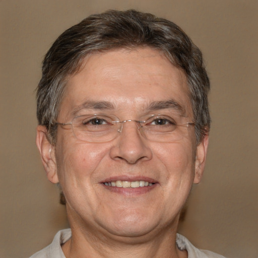 Joyful white middle-aged male with short  brown hair and brown eyes