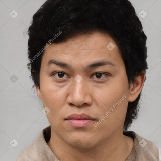 Neutral asian adult female with short  brown hair and brown eyes