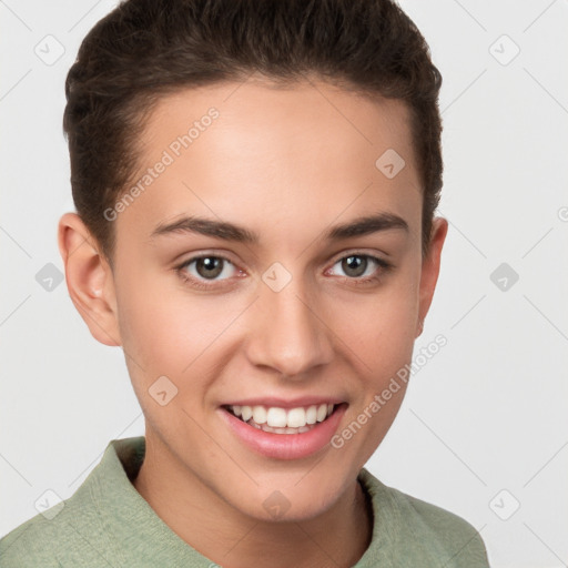 Joyful white young-adult female with short  brown hair and brown eyes