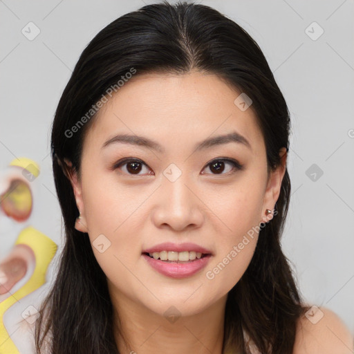 Joyful white young-adult female with long  brown hair and brown eyes