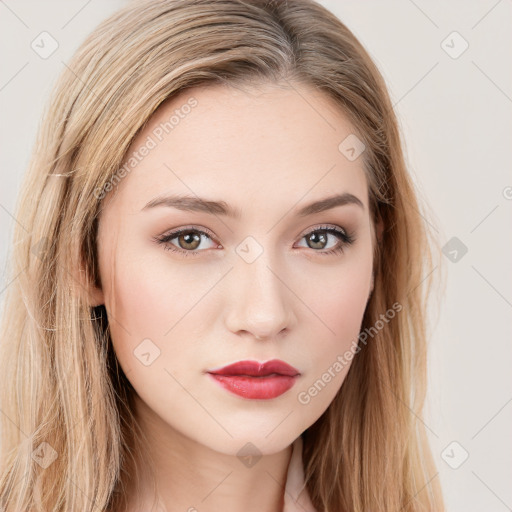 Neutral white young-adult female with long  brown hair and brown eyes