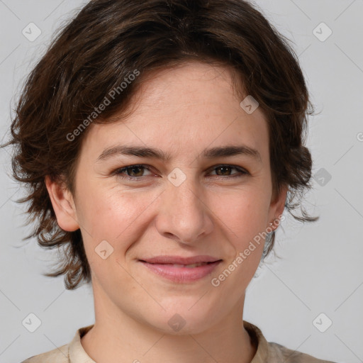 Joyful white young-adult female with medium  brown hair and green eyes