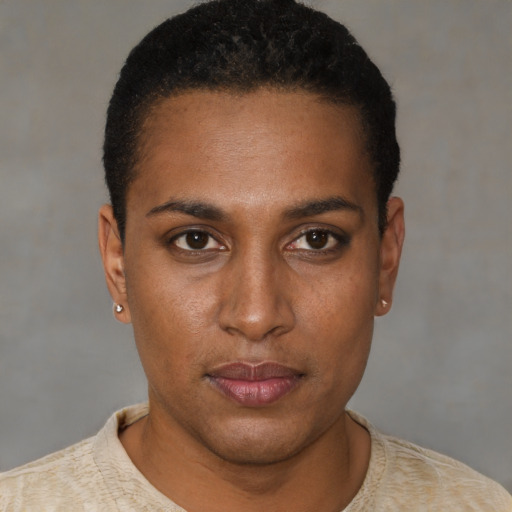 Neutral black young-adult female with short  black hair and brown eyes