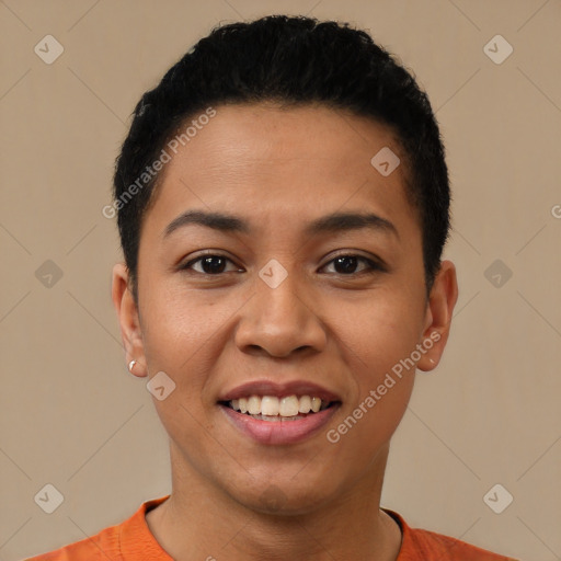 Joyful latino young-adult female with short  black hair and brown eyes