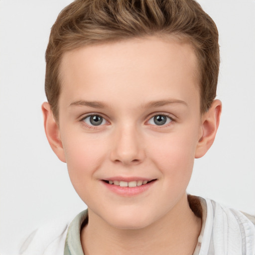 Joyful white child female with short  brown hair and brown eyes