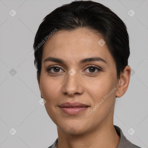 Joyful white young-adult female with short  brown hair and brown eyes