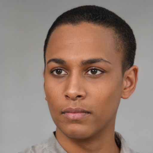 Neutral black young-adult female with short  brown hair and brown eyes