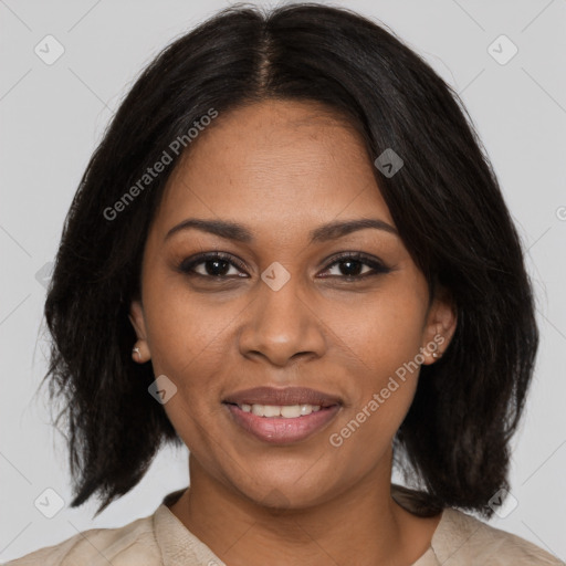 Joyful black young-adult female with medium  brown hair and brown eyes