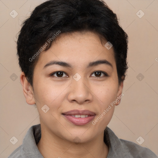 Joyful asian young-adult female with short  brown hair and brown eyes