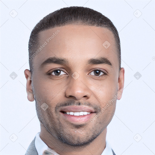 Joyful black young-adult male with short  black hair and brown eyes