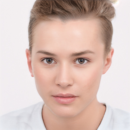 Neutral white young-adult female with short  brown hair and brown eyes