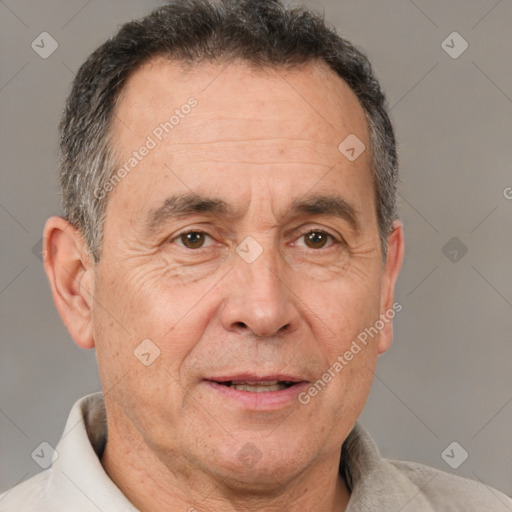 Joyful white middle-aged male with short  brown hair and brown eyes