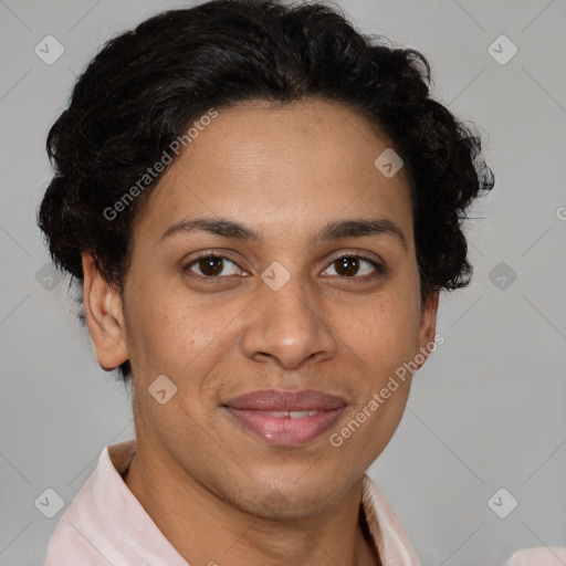 Joyful latino adult female with short  brown hair and brown eyes