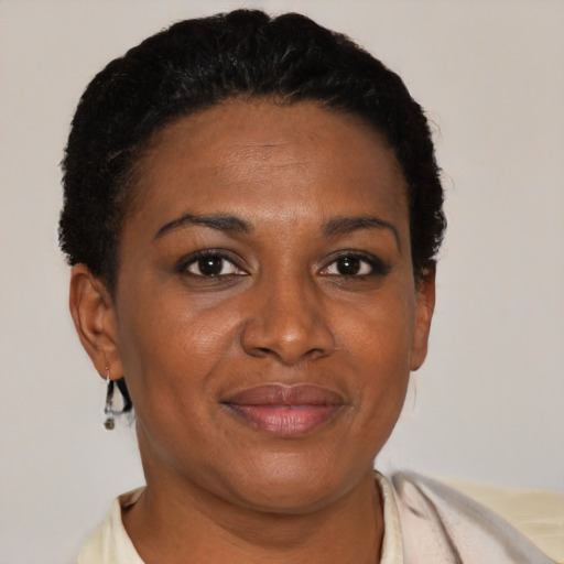 Joyful latino adult female with short  brown hair and brown eyes