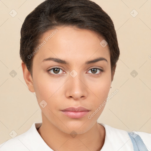 Neutral white young-adult female with short  brown hair and brown eyes