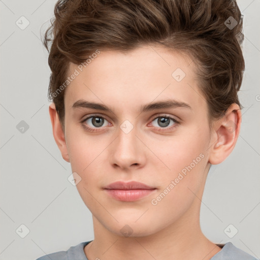 Neutral white young-adult female with short  brown hair and brown eyes