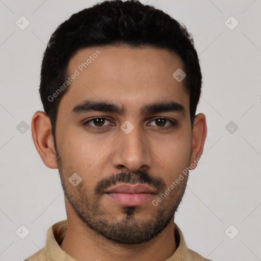 Neutral latino young-adult male with short  black hair and brown eyes