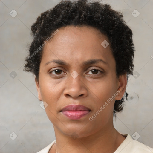 Joyful black adult female with short  brown hair and brown eyes