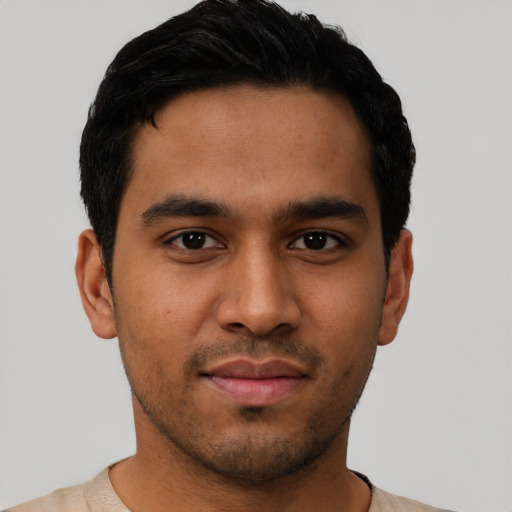 Neutral latino young-adult male with short  black hair and brown eyes