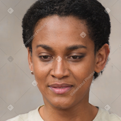 Joyful black young-adult female with short  black hair and brown eyes