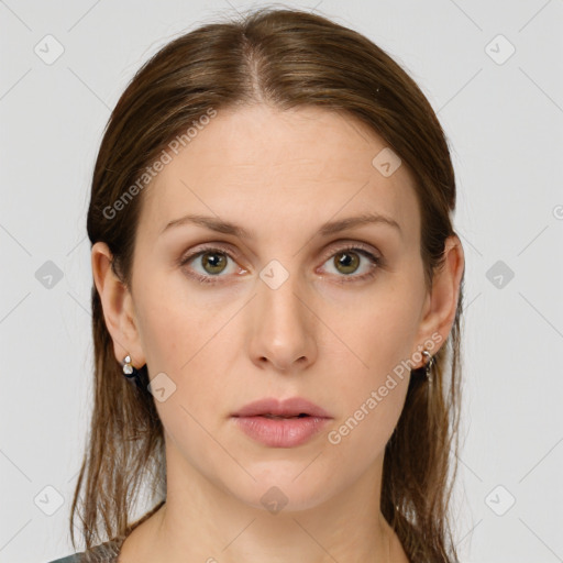 Neutral white young-adult female with medium  brown hair and grey eyes