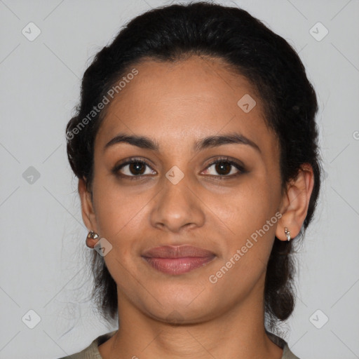 Joyful latino young-adult female with medium  black hair and brown eyes