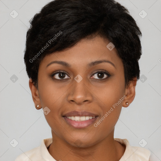 Joyful black young-adult female with short  brown hair and brown eyes
