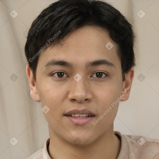 Joyful latino young-adult male with short  brown hair and brown eyes