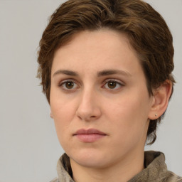 Neutral white young-adult female with medium  brown hair and brown eyes