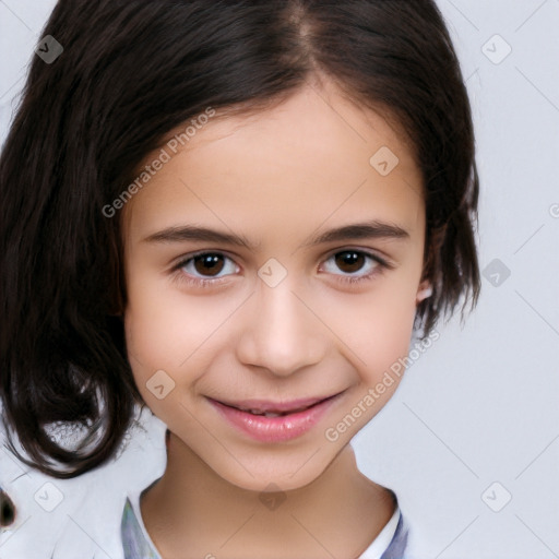 Joyful white child female with medium  brown hair and brown eyes
