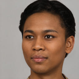 Joyful black young-adult male with short  brown hair and brown eyes