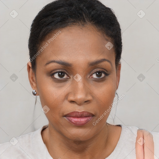 Joyful black young-adult female with short  brown hair and brown eyes