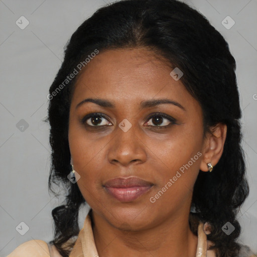 Joyful black young-adult female with medium  brown hair and brown eyes