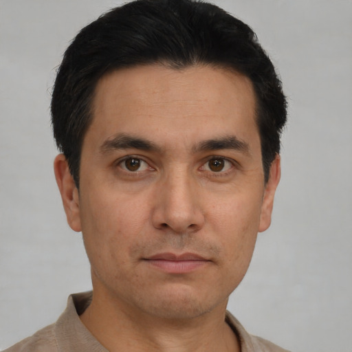 Neutral asian young-adult male with short  black hair and brown eyes